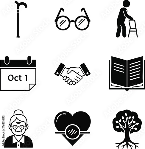 Diverse set of black glyph icons illustrating senior care, elderly lifestyle, and community support