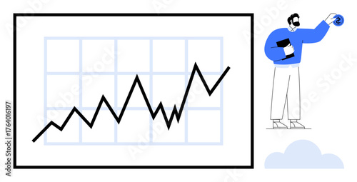 Rising line graph with sharp angles on grid, person analyzing data holding tablet. Ideal for business, growth, progress, analysis, success, strategy technology. Simple flat metaphor