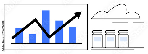 Black arrow line shows upward growth on a bar chart, three bottles depict product supply, cloud symbolizes global reach. Ideal for business growth, sales, product supply, data analysis, strategy