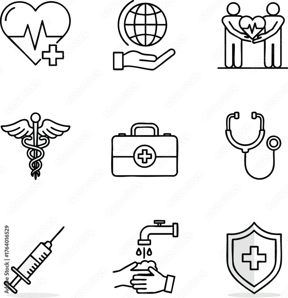 Fototapeta premium Essential outline icons for health, medicine, and wellness. Covers cardiology, global health, community care, first aid, hygiene, and protection