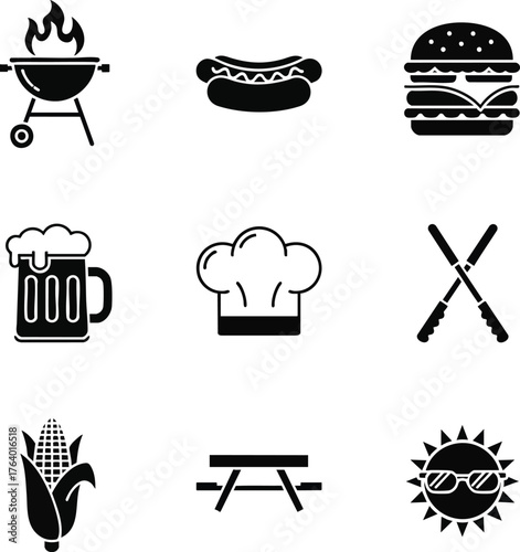 Essential black silhouette vector icons for barbecue and summer outdoor dining, perfect for menus, invitations, and digital projects