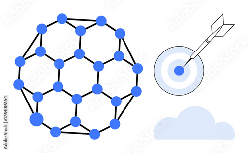 Molecule-thumbs up interconnected network alongside dart hitting center of target over a cloud shape. Ideal for science, innovation, accuracy, teamwork, strategy, connectivity, goal setting. Simple