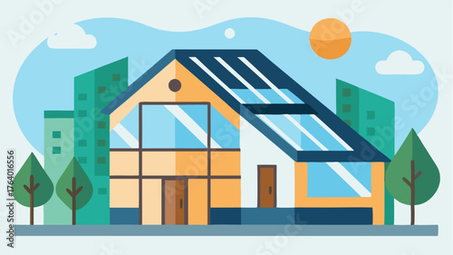 An urban home incorporating passive solar design principles with strategically p overhangs to minimize heat loss in winter and reduce cooling needs in summer.