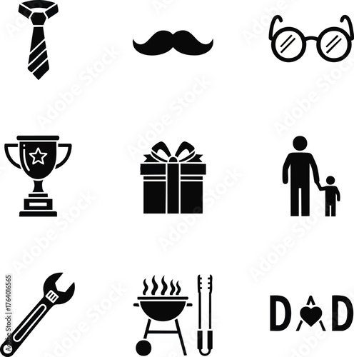 Father's Day Icon Set illustration shows dad's hobbies, interests and roles. Perfect for designs related to family, love, celebration, and holidays