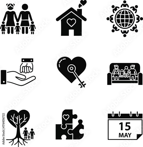 Glyph icons illustrating family diversity, home, community, social care, love, adoption, foster care, roots, and important dates