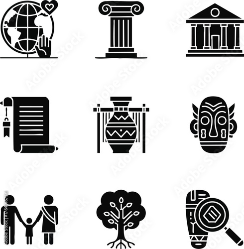 Glyph vector icons depicting culture, history, and heritage themes