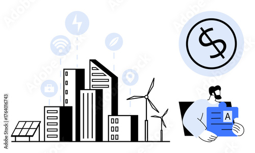 Urban skyline with wind turbines, solar panels, and connectivity icons. Person reviewing financial insights. Ideal for sustainability, green energy, smart cities, technology, innovation finance