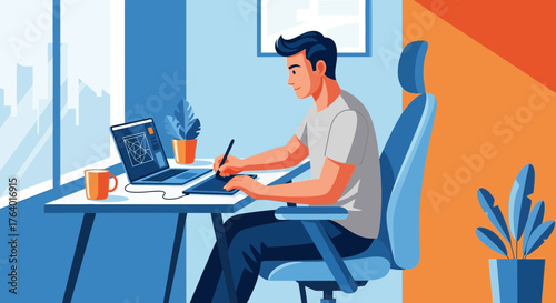 Creative Professional Working From Home, Creating Digital Art With A Graphic Tablet