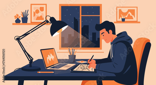 Creative Professional Working Late Into The Night In A Well-Lit, Quiet Room.