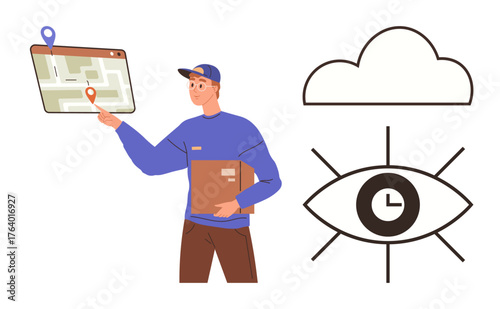 Worker holding package while pointing at location on map. Cloud, eye with clock metaphors highlight time tracking, navigation, logistics, delivery, technology, e-commerce efficiency. Simple flat