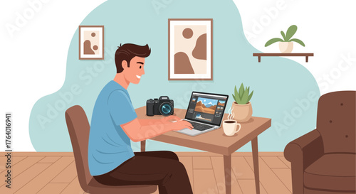 Creative Professional Working On Photography Edit At Home Workspace Illustration Design Concept