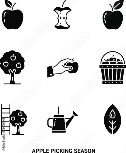 Illustration set featuring apple harvesting concept. Includes apple tree, hand picking fruit, watering can, and basket
