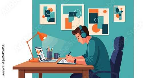 Creative Professional Working Remotely With Headphones and Graphic Tablet For Design Projects