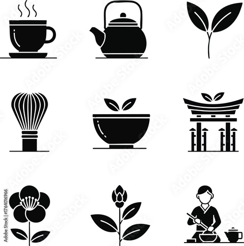 Illustration set of Japanese tea ceremony icons. The illustration displays traditional elements, creating a calm and cultural atmosphere for designs