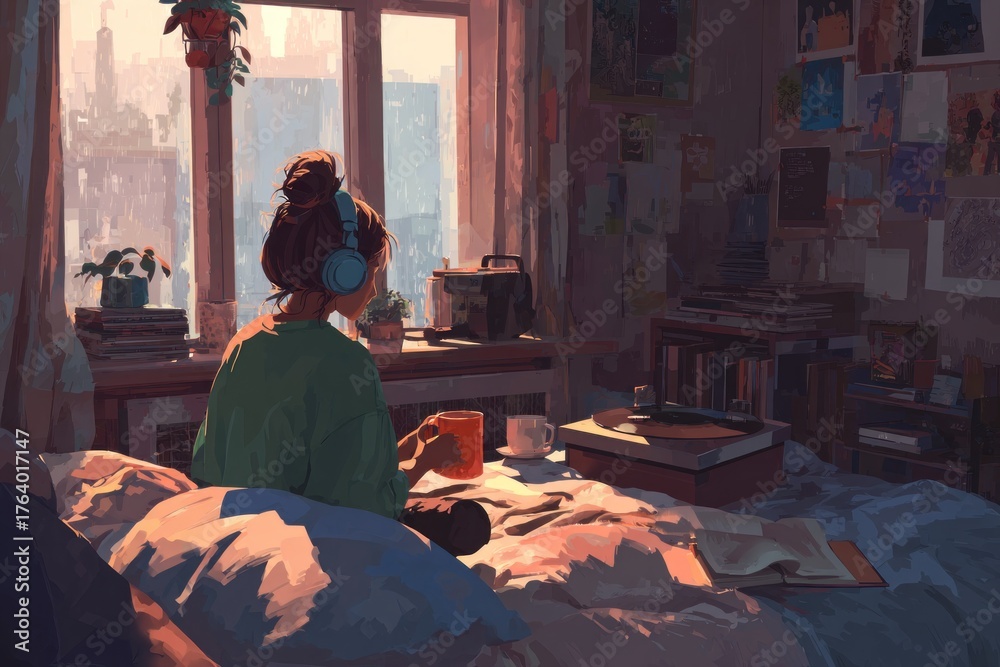 Fototapeta premium cozy morning apartment scene with girl wearing headphones making coffee, sunlight through window