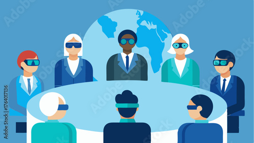 Various leaders seated around a table each with augmented reality glasses visualizing the impact of international policies on global networks.