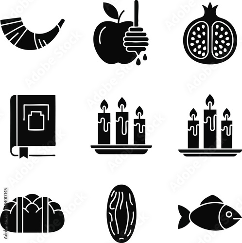 Jewish holiday black glyph vector icons. Features shofar, apple with honey, pomegranate, challah, fish, candles, book, and dates