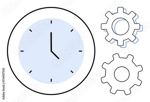 Circular clock face with simple gears symbolizing efficiency, organization, development, workflow, deadlines, productivity. Ideal for planning, teamwork, automation task management productivity