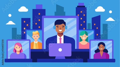A vibrant virtual conference hub with animated avatars of journalists asking questions set against a dynamic cityscape video backdrop.