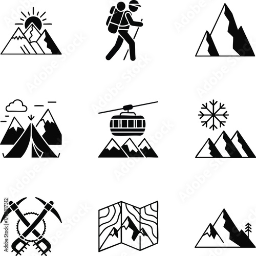 Minimalist black and white icon set illustrating mountain adventures and outdoor activities
