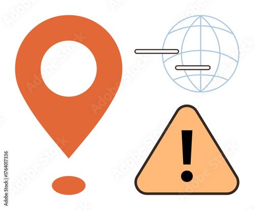 Geolocation marker, warning triangle with exclamation, and globe with connection lines. Ideal for navigation, safety, communication, geolocation, technology, alert systems global connectivity