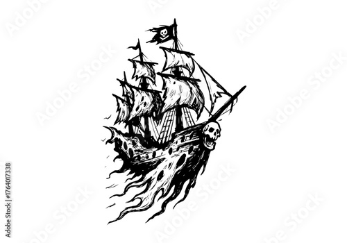 Pirate ship hand drawn simple sketch vector illustration