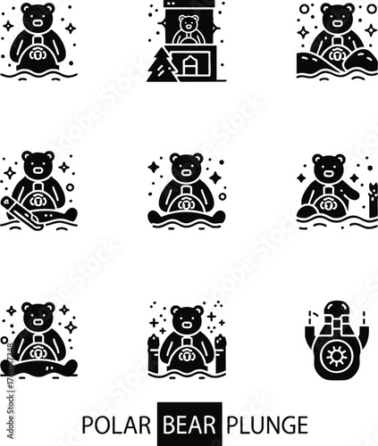 Minimalist black silhouette icons depicting a polar bear plunge