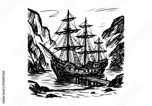 Pirate ship hand drawn simple sketch vector illustration