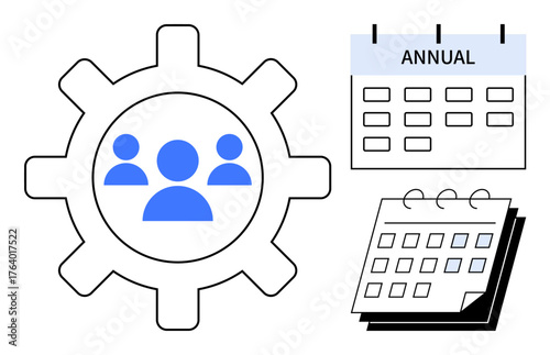 Blue team icon inside a gear, adjacent annual calendar and notebook-style calendar. Ideal for planning, organization, teamwork, time management, business strategy, operations scheduling. A simple