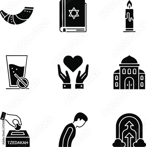 Modern glyph icons depicting Jewish holidays, traditions, and cultural concepts. Features shofar, Torah, synagogue, Tzedakah, candle, and fasting