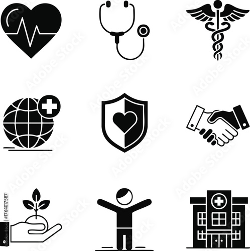 Monochrome flat vector illustrations about healthcare