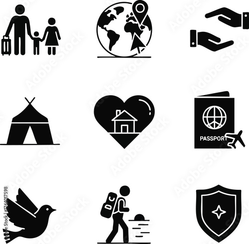 Monochrome icons illustrating global migration, travel, and humanitarian aid. Features symbols for family, shelter, home, passports, and protection