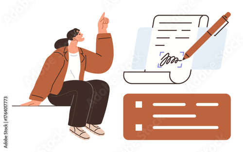 Individual gesturing while contemplating near signed document and organized notes. Ideal for creative thinking, planning, contracts, writing, education, productivity, decision-making. Simple flat