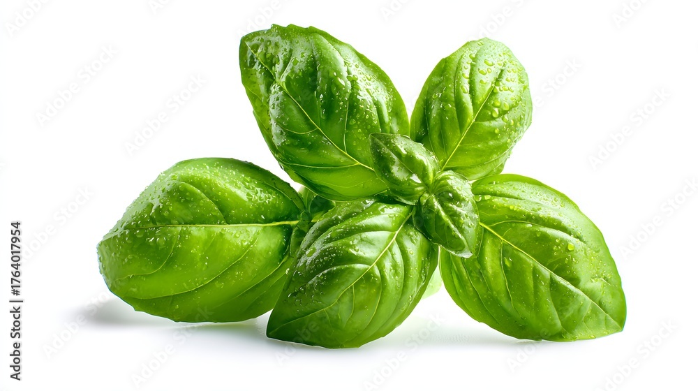 Fototapeta premium Fresh green herb leaves display moisture droplets against a clean white background