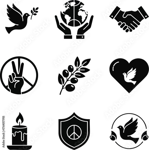 Peace icons set. Black and white illustrations of dove, olive branch, handshake, peace sign, and more. Perfect for websites, apps, or print