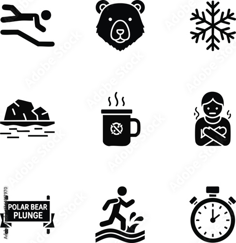 Polar bear plunge icons:  A set of nine glyph icons depicting winter swimming,  a polar bear, cold weather, and related activities