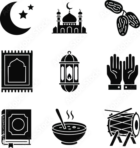 Ramadan icons in black silhouette. Depicting the holy month of fasting, it conveys themes of religion, celebration, and culture