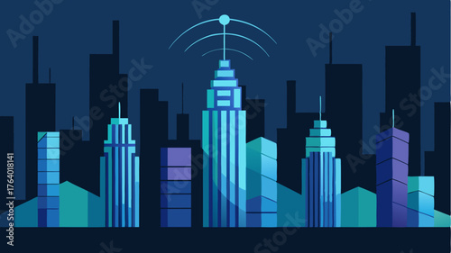 An abstract depiction of a city skyline with glowing lines representing data transmission between buildings wirelessly.