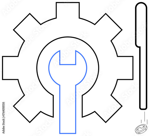Gear encircling a wrench, juxtaposed with a vertical screwdriver emphasizing teamwork, repair, and innovation. Ideal for engineering, mechanics, solutions, progress, precision maintenance tools
