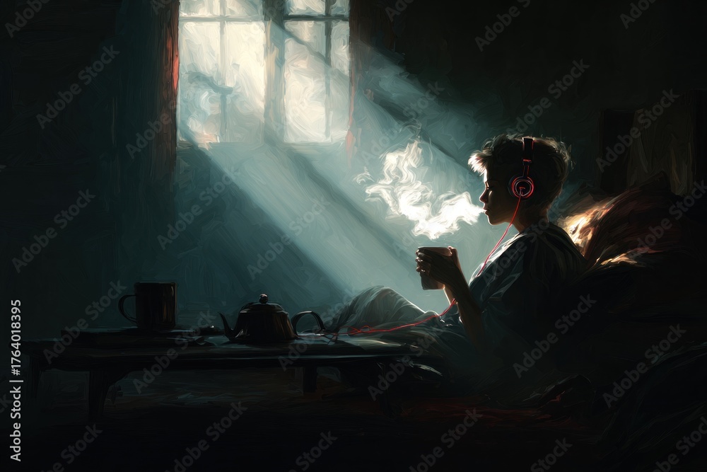Fototapeta premium painting of girl wearing sweater and headphones, making tea under sunlight
