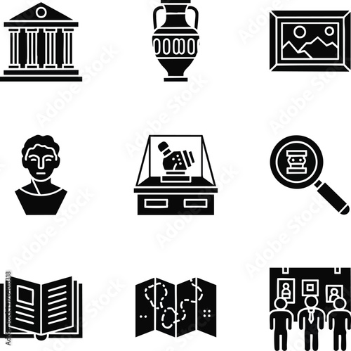 Solid glyph icons representing museum, history, and culture. Features a classical building, artifacts, artwork, and visitors viewing exhibits