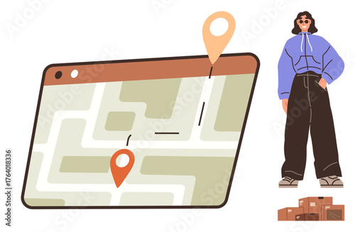 Digital map with navigation pins, woman in casual outfit managing delivery, stack of parcels. Ideal for logistics, navigation, technology, delivery, travel planning modern lifestyle. Flat simple