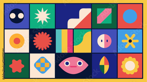 A grid layout with colorful squares each filled with different artistic textures and styles showcasing diverse creative expressions and ods.