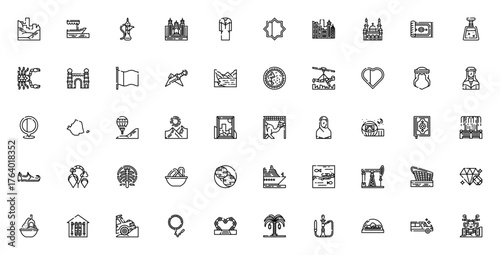 Dubai icon set. Vector illustration pack. Includes smbols for skyline, mosque,camel, desert, palm jumeirh, dates, hookah, perfume,jewelry and more.