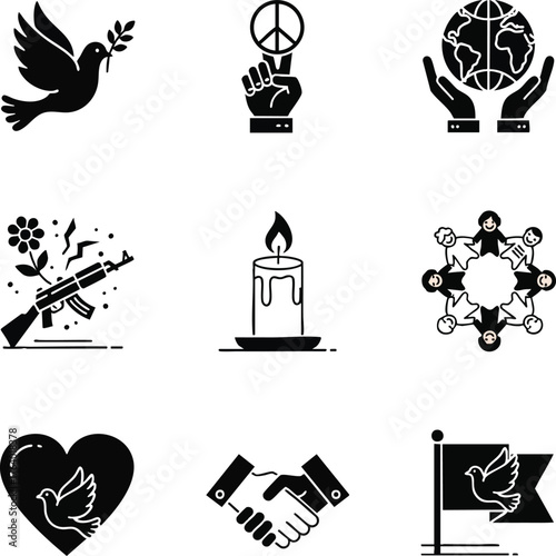 Symbols representing peace and anti-war efforts. Concepts include global harmony, ending conflicts, unity, and hope