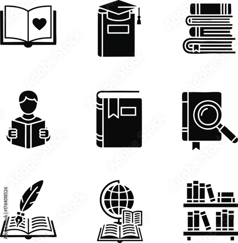 This is a comprehensive set of black glyph icons representing books, education, and learning