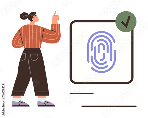 Biometric fingerprint graphic inside rectangle with green approval checkmark, woman gesturing towards it. Ideal for security, technology, authentication, access control, identity, approval