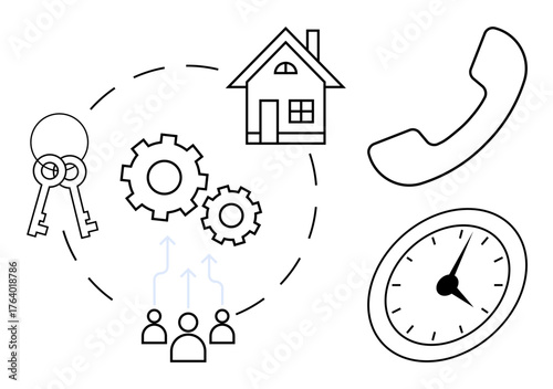 Keys, gears, house, phone, and clock connected by dashed lines. Ideal for real estate, property management, teamwork communication time management business and organization. Simple flat metaphor