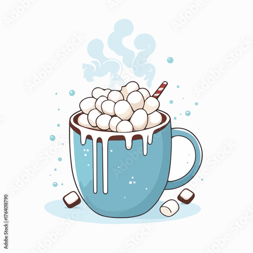 flat doodle vector of a mug filled with hot chocolate topped with marshmallows