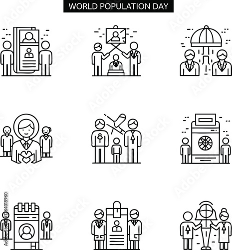 World Population Day icons. Minimalist line art depicting demography, census, family, community, policy, and global human statistics